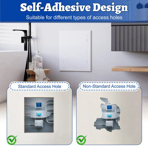 Dead Simple Self Adhesive Access Panel For Drywall 6 By 8 Inch Heavy Duty Plumbing Door installed over standard and non-standard access holes.
