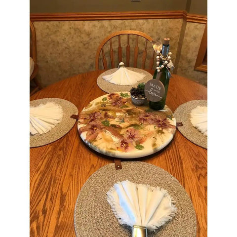 18 Inch Floral Epoxy Resin Lazy Susan With Turquoise Painted Wooden Base Farmhouse Serving Tray And Turntable For Dining Table