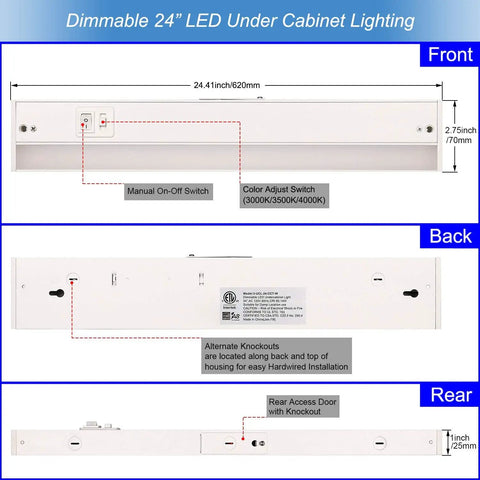 Under Cabinet LED Light Fixture 24 Inch, 14W, 985 Lumens, Dimmable, CRI 90, adjustable color temperature switches