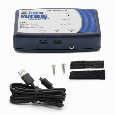 Wireless Monitoring Hub For Battery Backup Sump Pumps Pushing Instant Phone Alerts with USB cable and mounting hardware.