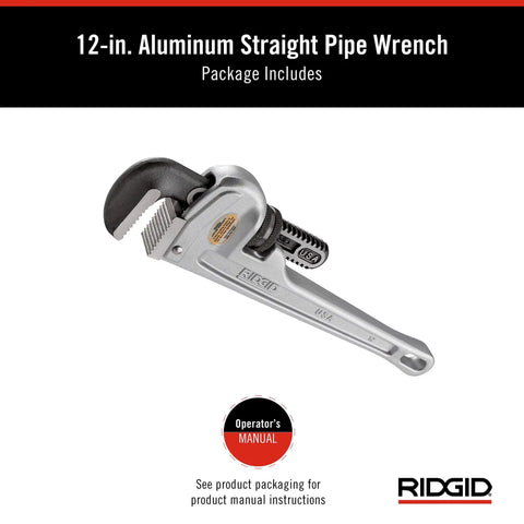 Pro Grade Aluminum 12 Inch Straight Pipe Wrench with I Beam Handle and Durable Silver Finish