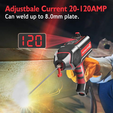 Beast Portable 110V Handheld Arc Welder With 120A Output, IGBT Inverter in use showing digital display and welding process.