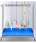 Rolling Mop And Broom Cart With Industrial Steel Build, freestanding utility organizer with long handles and blue tray.