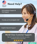 Smiling customer support woman wearing a headset with text offering installation support, tech support, and multilingual service.
