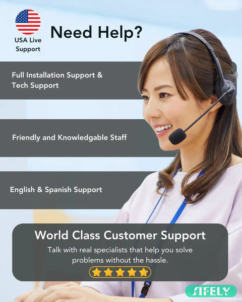 Smiling customer support woman wearing a headset with text offering installation support, tech support, and multilingual service.