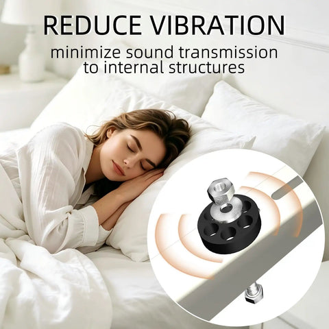 Heavy Duty Mini Split Wall Mount Bracket vibration reduction feature illustration with sleeping woman highlighting noise minimization.