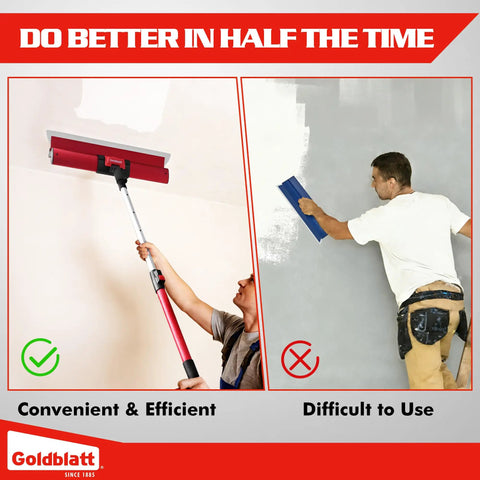 Comparison of a Drywall Skimming Blade Handle Adapter With Quick Release Design and manual smoothing, showing ceiling use.