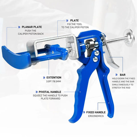 Dual Piston Brake Caliper Compressor Tool For Automotive Brake Pad Replacement With Easy One Hand Squeeze shown disassembled