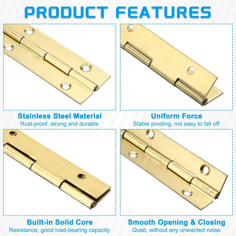 Real Deal Heavy Duty Stainless Steel Piano Hinge Full Length Continuous Design With No Sweat Setup showing rust-proof features.