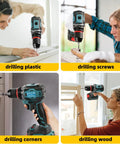 Four images showing All Purpose Cordless Drill Driver Kit With Brushless Motor Two Batteries and Charger used on plastic, screws, corners, and wood.