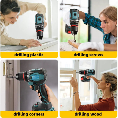 Four images showing All Purpose Cordless Drill Driver Kit With Brushless Motor Two Batteries and Charger used on plastic, screws, corners, and wood.
