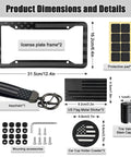 Detailed view of Patriotic Stainless Steel License Plate Frames 2 Pack With USA Flag Design Rustproof Car Tag Covers with accessories.