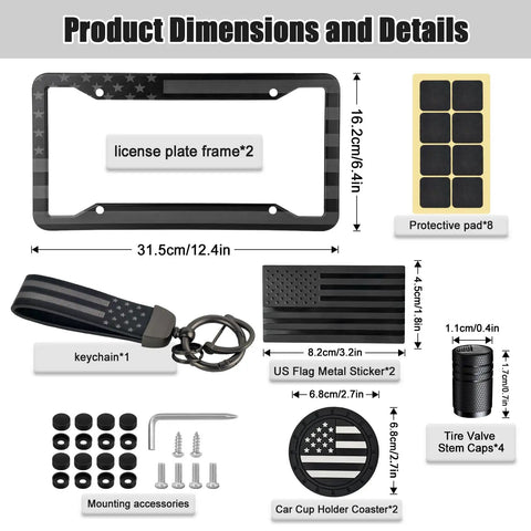 Detailed view of Patriotic Stainless Steel License Plate Frames 2 Pack With USA Flag Design Rustproof Car Tag Covers with accessories.