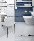 White height adjustable folding shower seat wall mounted with legs in bathroom, six gear settings, max load 350 lbs, easy install.
