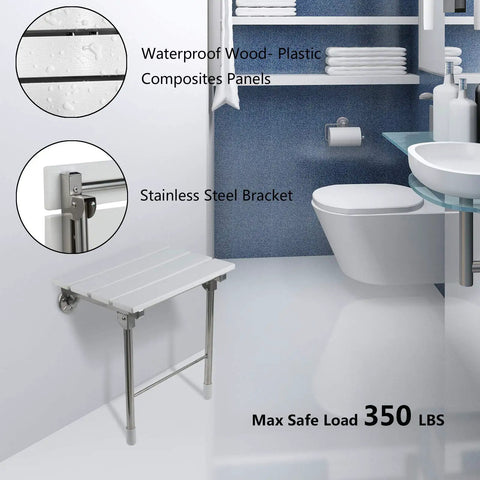 White height adjustable folding shower seat wall mounted with legs in bathroom, six gear settings, max load 350 lbs, easy install.