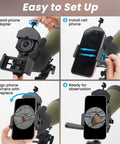 Phone Scope Adapter Mount For Telescopes And Binoculars, Regular Size Fits Most Smartphones, Turn Your Phone Into A Birding Camera, Easy Attach To Monoculars, Spotting Scopes, Or Microscopes For Epic Shots And Videos Through The Eyepiece. black phone adapter on spotting scope with smartphone aligned to eyepiece