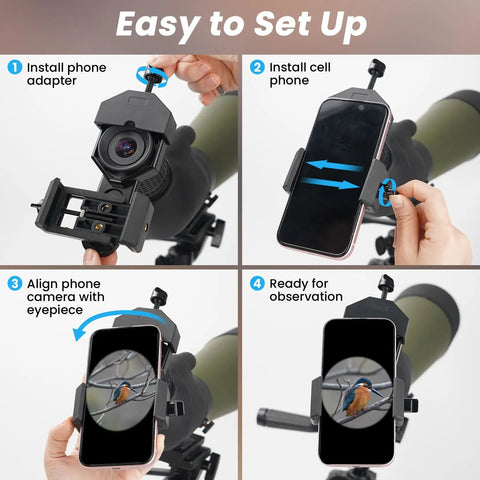 Phone Scope Adapter Mount For Telescopes And Binoculars, Regular Size Fits Most Smartphones, Turn Your Phone Into A Birding Camera, Easy Attach To Monoculars, Spotting Scopes, Or Microscopes For Epic Shots And Videos Through The Eyepiece. black phone adapter on spotting scope with smartphone aligned to eyepiece