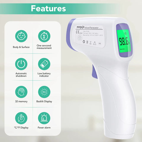 Touchless Digital Forehead Thermometer For Adults And Kids At Home Non Contact Infrared Reading Quick Fever Alerts Safe Easy To Use Temperature Checker, purple handheld