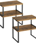 Stackable Kitchen Cabinet Organizer Shelf Set Of Four Rustic Brown Wood Counter Display Featuring Slick Metal Legs Total Pantry Spice Rack Gamechanger For Knockout Dish Mug Cup Storage Layout. Two shelves with rustic brown finish and metal frame.