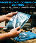 4x6 Inch Reclosable Anti Corrosion Vapor Inhibitor Bags Pack Of 25 Heavy Duty 4 Mil Waterproof Rustproof Storage For Metal Parts Electronics Machinery Automotive Components Jewelry, blue zip bag held in workshop
