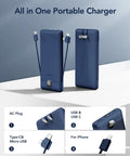 All In One Portable Charger With Built In AC Plug And Cables, 10000mAh Ultra Slim Power Bank For Travel in Navy, front and side view