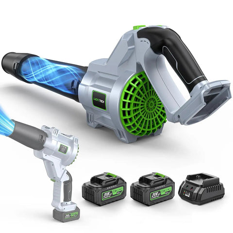 Cordless Leaf Blower With 680 CFM, 2x 4.0Ah Batteries And Charger, 5 Speed Brushless Motor displayed with accessories