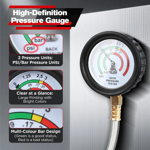 Exhaust Back Pressure Tester Kit With 6ft Stainless Steel Hose And Quick Connector For Diesel Trucks SUVs Vans Pro Grade Exhaust Back Pressure Gauge With M12 And M18 Adapters Easy One Hand Setup, psi/bar gauge