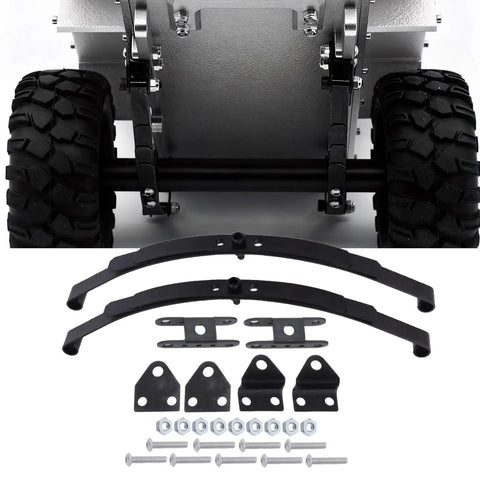 Beefy Stiff Leaf Spring Suspension Steel Bar Kit For 1 To 10 Scale RC Rock Crawler Compatible With RC4WD D90 Includes 2 Sets Heavy Duty Steel Leaves With Shackles And Mounts For Easy Install, showing components and installation on RC model.
