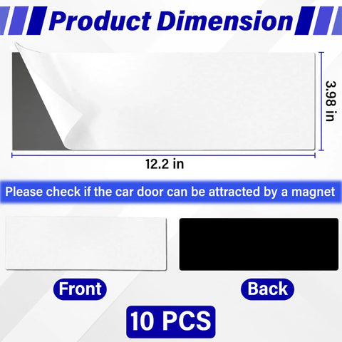 Custom Car Magnet Sheets 12 Inch By 4 Inch Flexible Blank Bumper Magnets For Cars Turn Any Sticker Into Magnetic Decor Easy Peel And Cut DIY Decals For Advertising And Personalization with front and back view showing 10 pieces