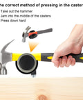 2-inch caster wheels set of four illustration; side view hammer and wooden board with install steps