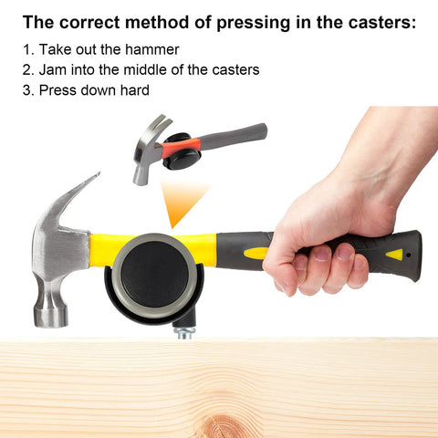 2-inch caster wheels set of four illustration; side view hammer and wooden board with install steps