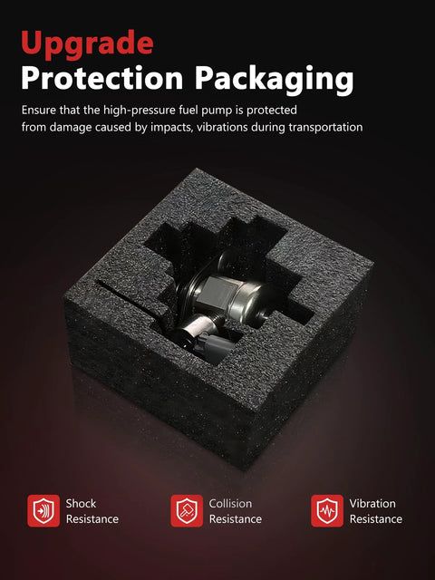 Beef Up Your Ride With A Drop-In High Pressure Fuel Pump Replacement shown in protective packaging for shipping safety