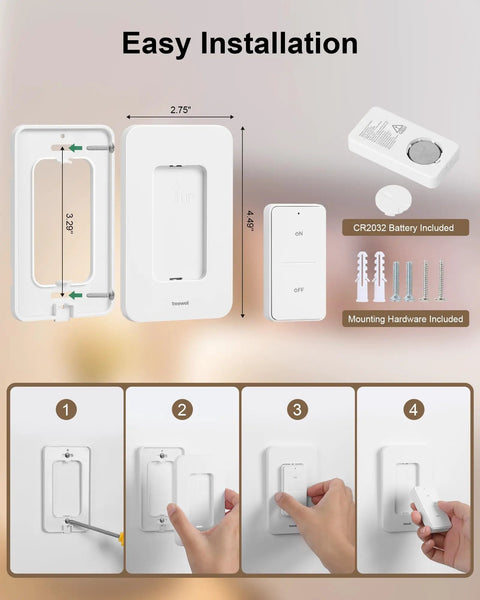 Remote Control Outlet Wall Switch With 200 Ft RF Range Plug And Play Wireless Power Switch For Lamps And Household Lights 15A 1875W High Power ETL Listed Detachable Dual Use Remote installation guide with hardware and dimensions
