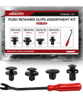 All In One 121 Piece Bumper And Fender Liner Clip Kit With Tool For Honda CRV Civic Accord Odyssey Pilot And Acura Models Easy Install With 120 Push Pin Clips In Four Sizes Plus Removal Tool set and tool display
