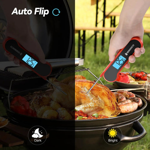 Ultra Fast 0.5 Second Digital Meat Thermometer With Plus Minus 0.5 F Precision, showing 125°F on a roasting chicken