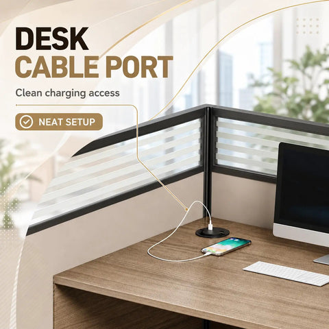 Desk cable port on Game Changer Six Person Modular Office Workstation With Tempered Glass Privacy Screens And Smart Usb Charging Hub.