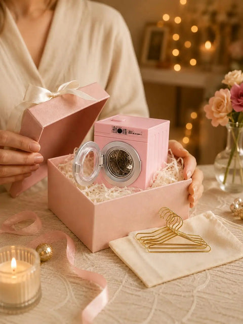 Insanely Detailed One To Twelve Scale Miniature Washing Machine With Five Metal Hangers and Rotating Drum Front Load Washer Replica in gift box.