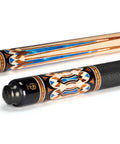 Premium 12Mm Taper Carbon Fiber Shaft Pool Cue With Exotic Wood Butt And Rugged Transport Case close-up of the intricate design and leather grip.