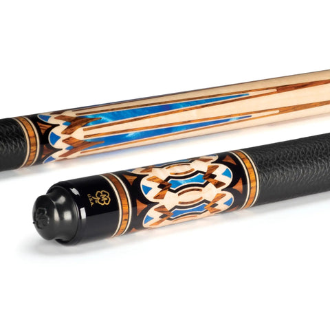 Premium 12Mm Taper Carbon Fiber Shaft Pool Cue With Exotic Wood Butt And Rugged Transport Case close-up of the intricate design and leather grip.
