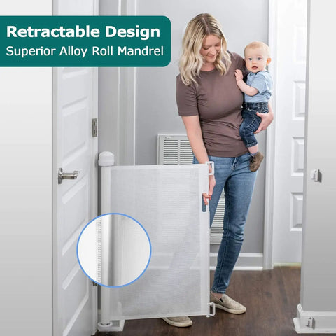 Woman using Retractable Baby Gate For Stairs And Doorways, Extra Wide Mesh Safety Gate For Kids And Pets, 33 Inches Tall, indoors.