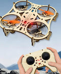 Beginner Friendly Wooden Drone Kit with Beech Wood Frame and Protective Cage, remote control in hand view against sky