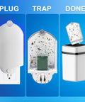 16 Pack Refill Cartridges Compatible With M364 Max Plug In Flying Insect Trap showing plug-in trap, sticky board with bugs, and waste disposal.