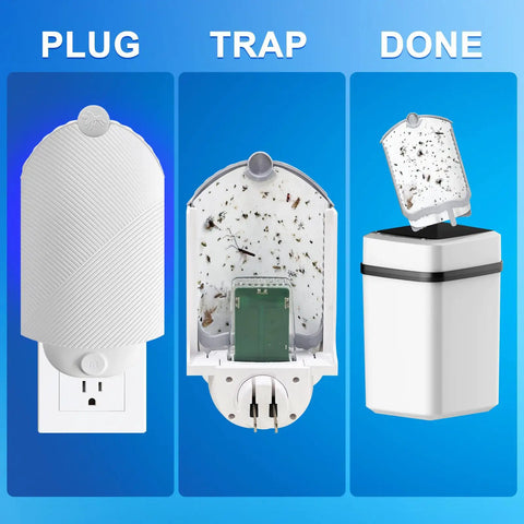 16 Pack Refill Cartridges Compatible With M364 Max Plug In Flying Insect Trap showing plug-in trap, sticky board with bugs, and waste disposal.
