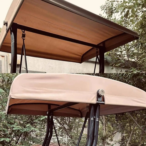 Heavy Duty Outdoor Swing Canopy Replacement Cover For 3 Seater Porch Swing All Weather Waterproof Khaki Top Shade Universal Fit Fabric Canopy For Patio Garden Backyard And Furniture Awning Size 198x125cm shown installed on a swing frame in a garden.
