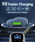 Top Tier Level 2 Electric Vehicle Charger For Tesla And All J1772 Models 48 Amp 240 V Home Charging Station displayed with charging vehicle