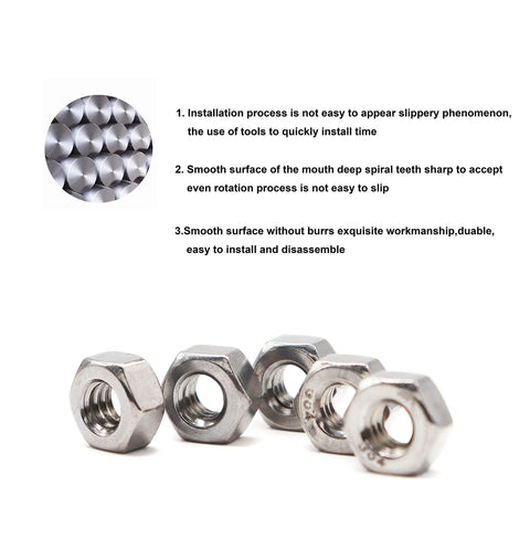100 Pack 2-56 Coarse Thread Hex Lock Nuts Crafted From Premium 304 Stainless Steel displayed together, showcasing smooth surfaces and precision.