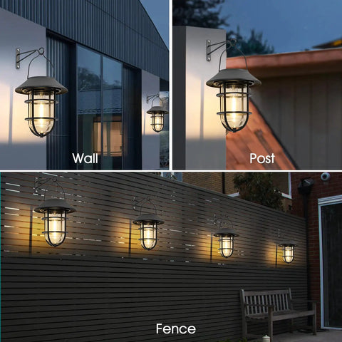 Solar Outdoor Lights Hanging Lanterns Two Pack Waterproof Easy Install with Wall Mount Kit displayed on wall, post, and fence.