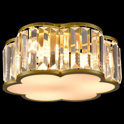 Glow Up Your Space With A Luxe Crystal Flush Mount Ceiling Light In Gold Finish, Modern 3 Light Fixture With Flower Drum Crystals