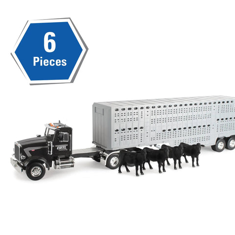 Peterbilt 1 By 16 Scale Semi Truck With Livestock Trailer And Four Cows, six-piece farm toy set, black truck and gray trailer