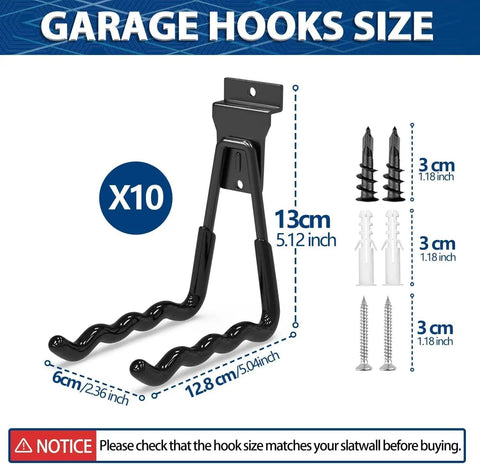 Beefy Ten Pack Wave Shape Slatwall Hooks For Garage Storage Heavy Duty Slat Wall Hangers Each Hook Replaces Four Standard Slatwall Hooks Fits Garden Tools And Workshop Black, showing size 13cm x 12.8cm x 6cm and included screws